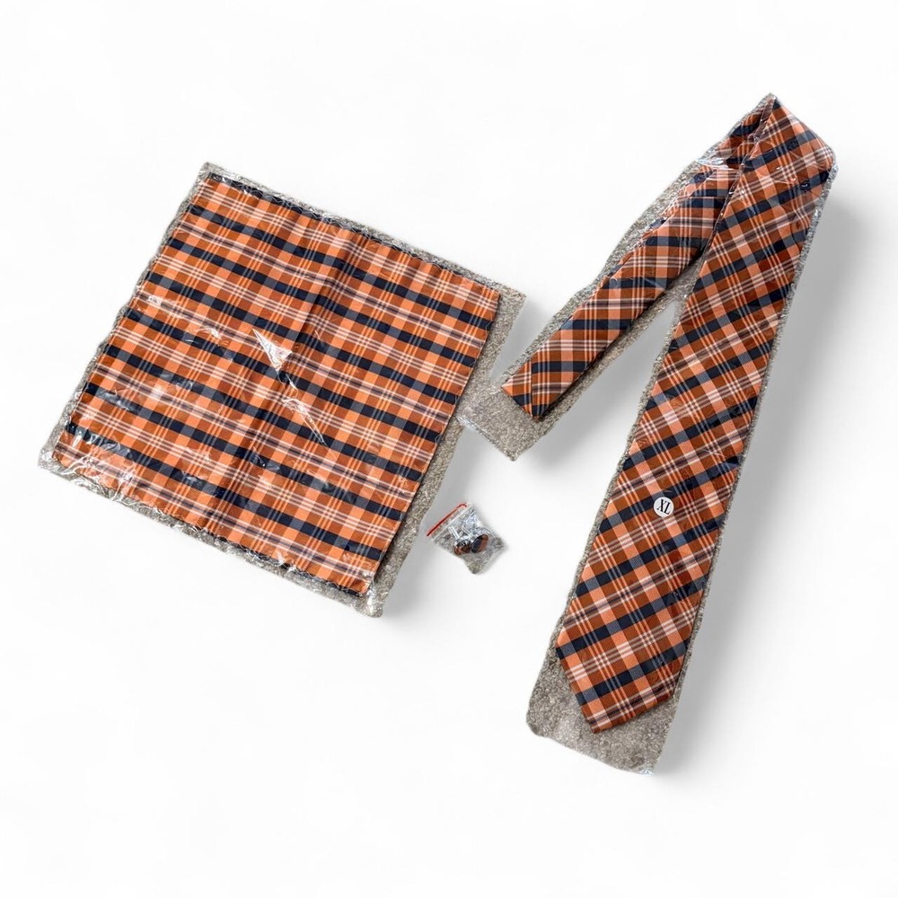 Twenty Dollar Tie Mens Orange Black White Plaid Silk Tie Pocket Square Cufflinks